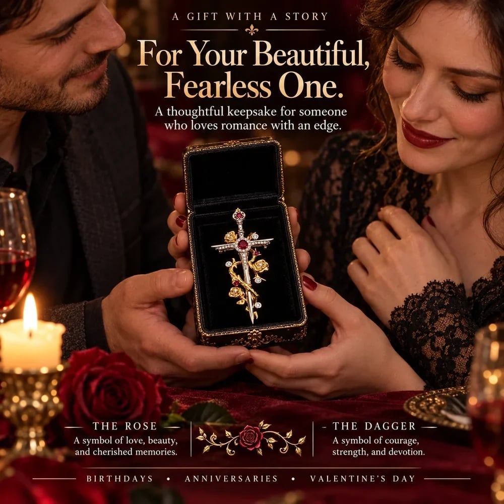 Romantic gifting scene with a couple admiring the Rose and Dagger Brooch