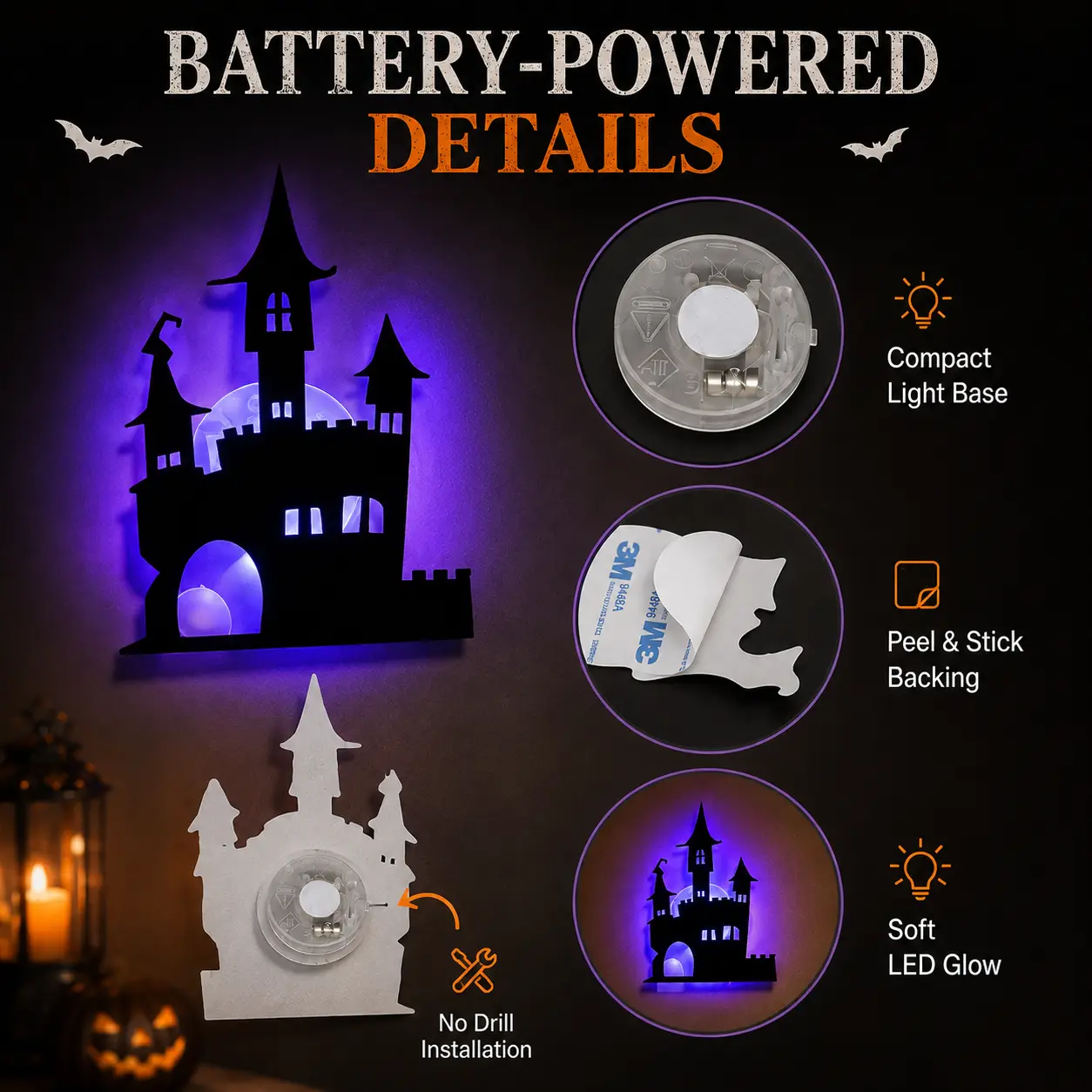 Halloween LED Wall Decor Lights, Peel & Stick Battery Powered Silhouette Stickers