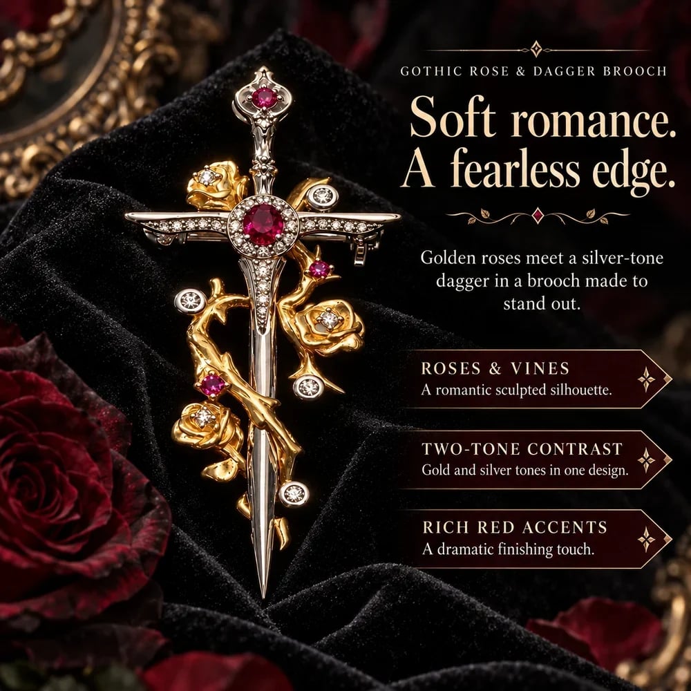 Gothic Rose and Dagger Brooch with gold-tone roses, a silver-tone dagger and red accents
