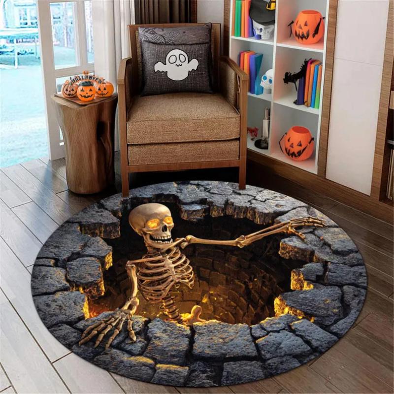 [PAUSEBOLL] Printed Faux Skeleton Round Rug - Halloween Glam Modern Anti-Slip Crocheted Mat, Indoor Halloween Decorations for Haunted House Party