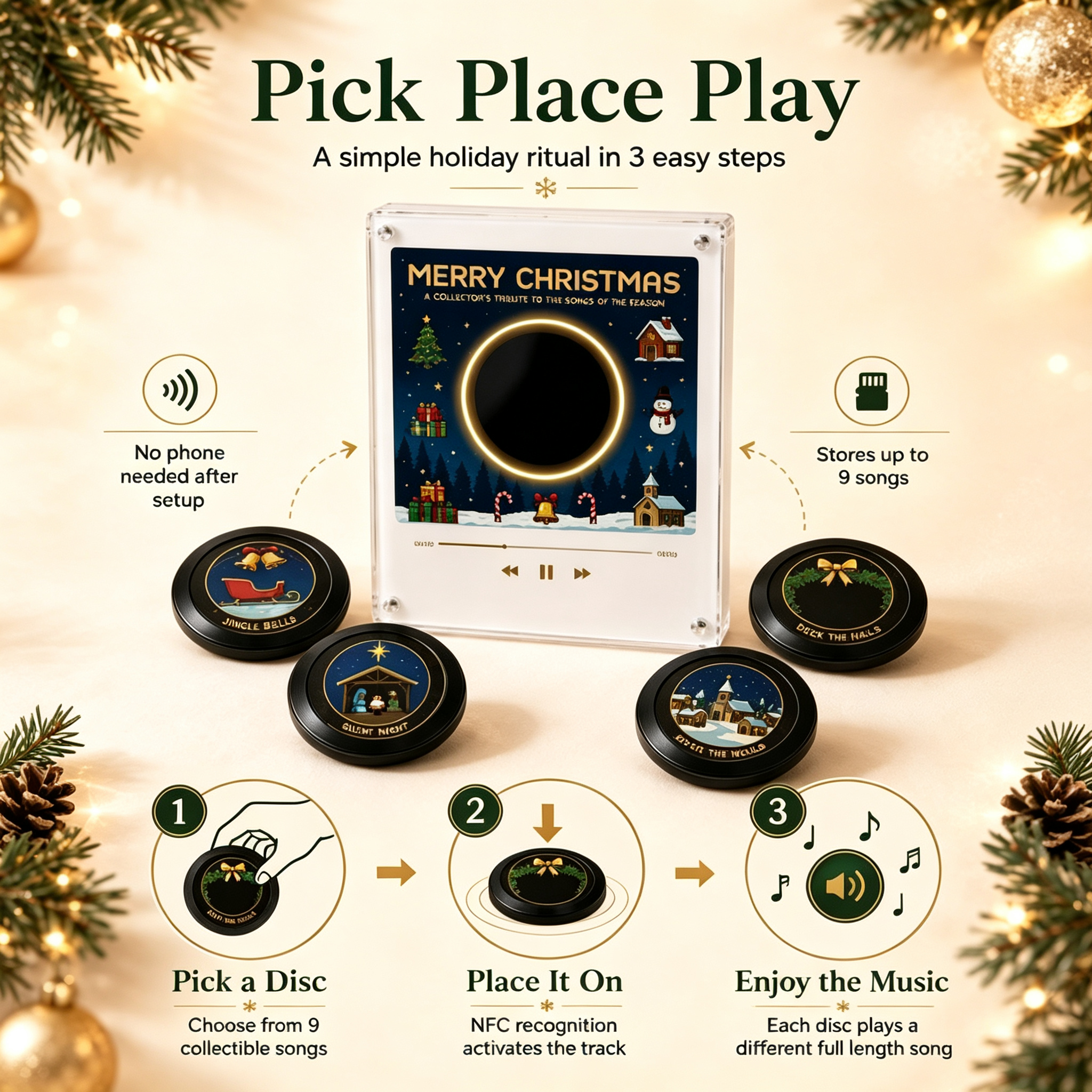 Custom Christmas Mini Vinyl Player with 9 Exchangeable Discs - Vintage Holiday Music Box & Perfect Christmas Gift for Music Lovers
