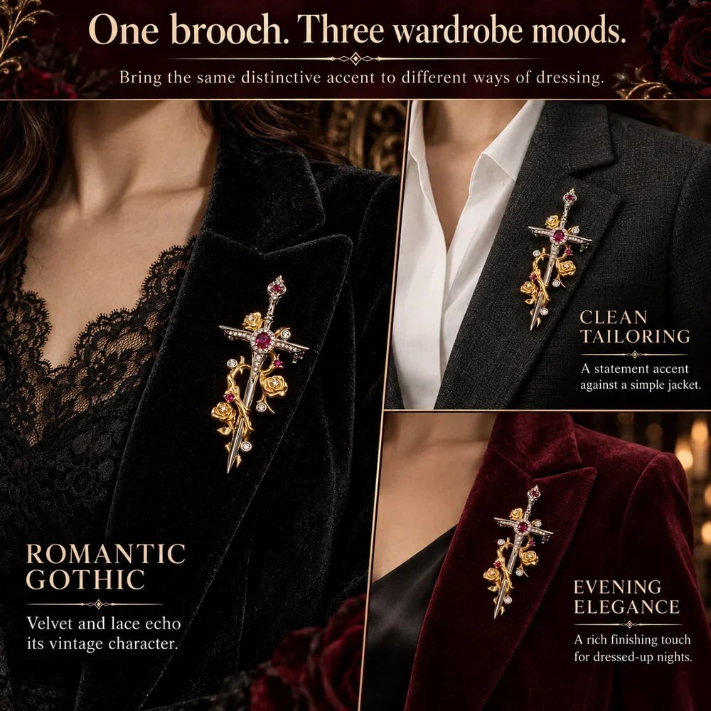 Brooch styled with romantic Gothic velvet, clean tailoring and burgundy eveningwear