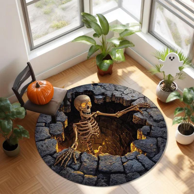 [PAUSEBOLL] Printed Faux Skeleton Round Rug - Halloween Glam Modern Anti-Slip Crocheted Mat, Indoor Halloween Decorations for Haunted House Party