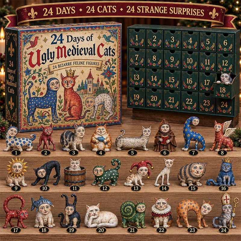 50% OFF | 🐈🏰 24 Days of Ugly Medieval Cats Advent Calendar – 24 Funny Feline Collectibles ✨