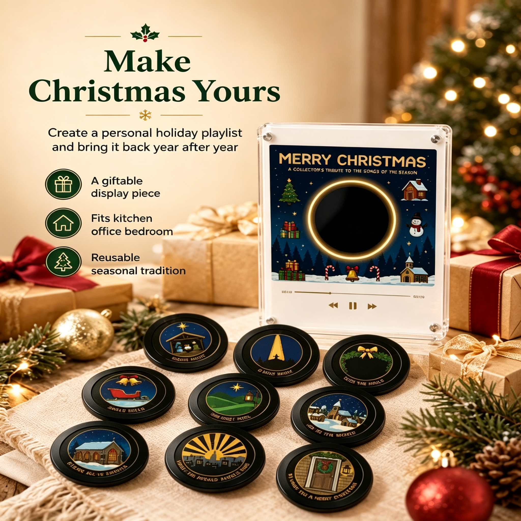 Custom Christmas Mini Vinyl Player with 9 Exchangeable Discs - Vintage Holiday Music Box & Perfect Christmas Gift for Music Lovers