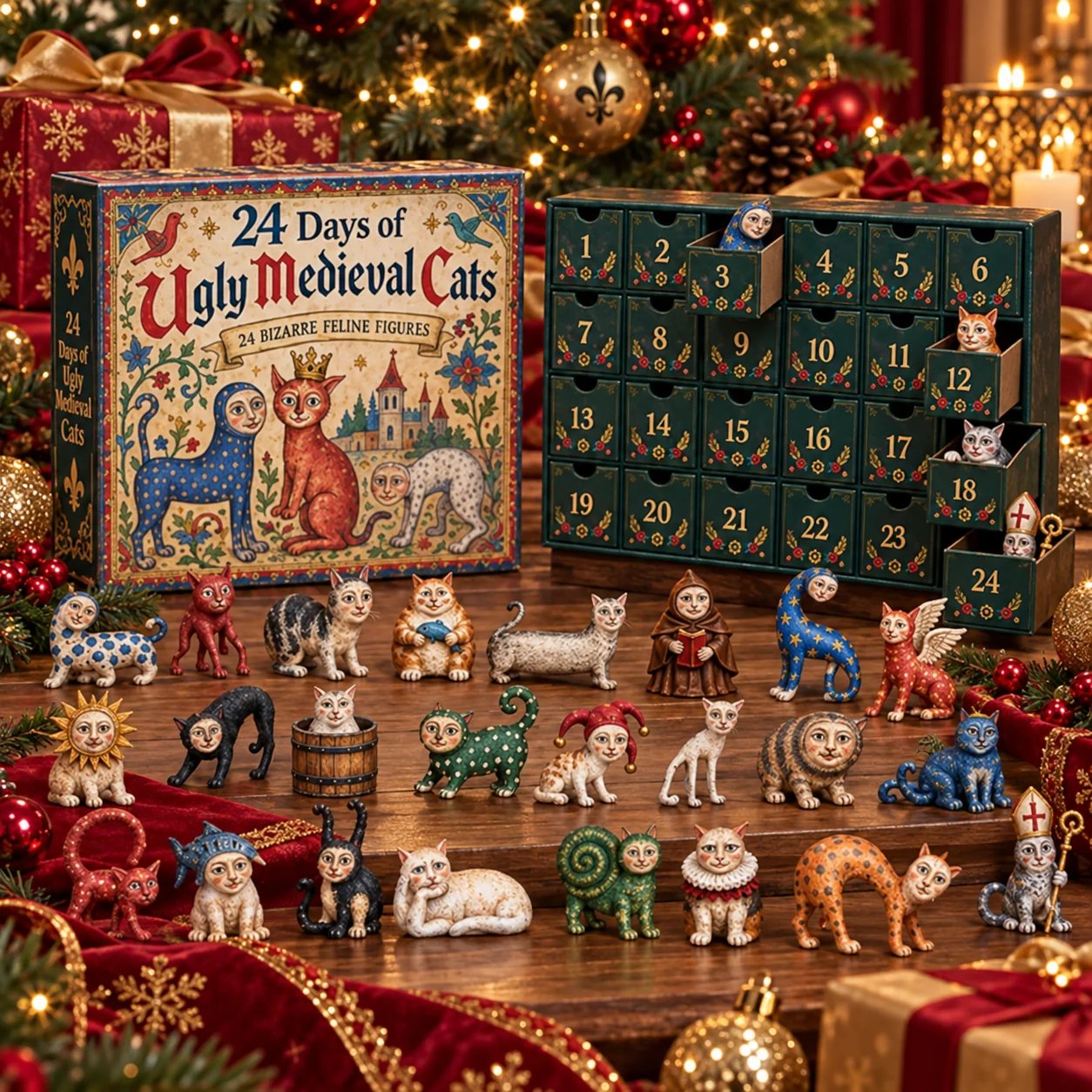 50% OFF | 🐈🏰 24 Days of Ugly Medieval Cats Advent Calendar – 24 Funny Feline Collectibles ✨