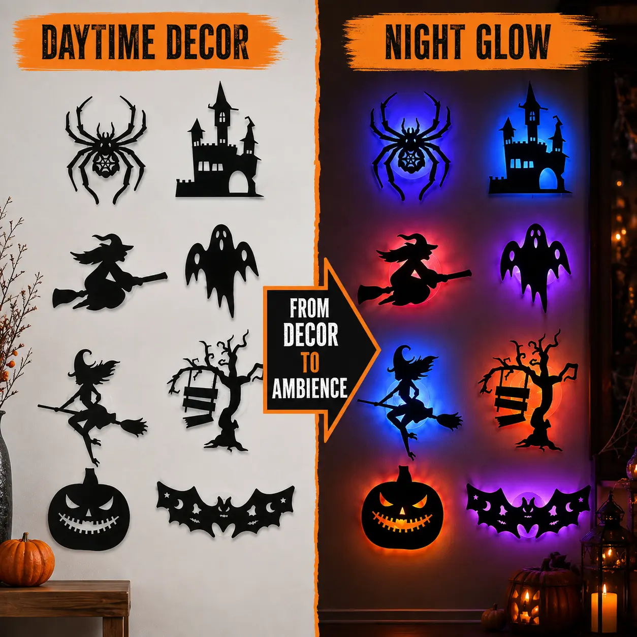 Halloween LED Wall Decor Lights, Peel & Stick Battery Powered Silhouette Stickers
