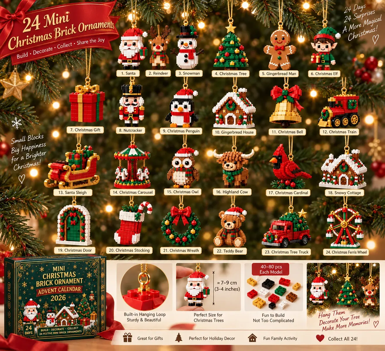 50% OFF | 🧱🎄 Build & Hang Christmas Countdown – 24 Mini Holiday Brick Ornaments ✨