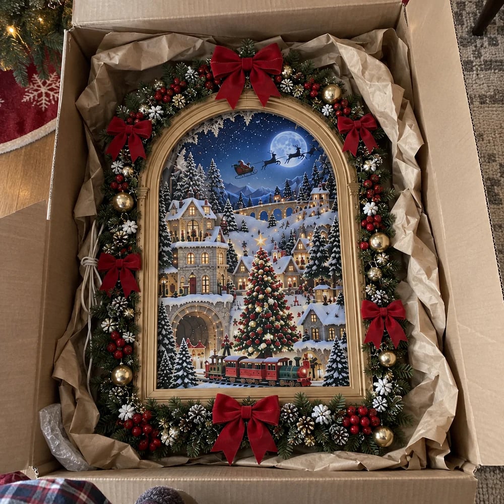 Customer touching Christmas village wall light at home