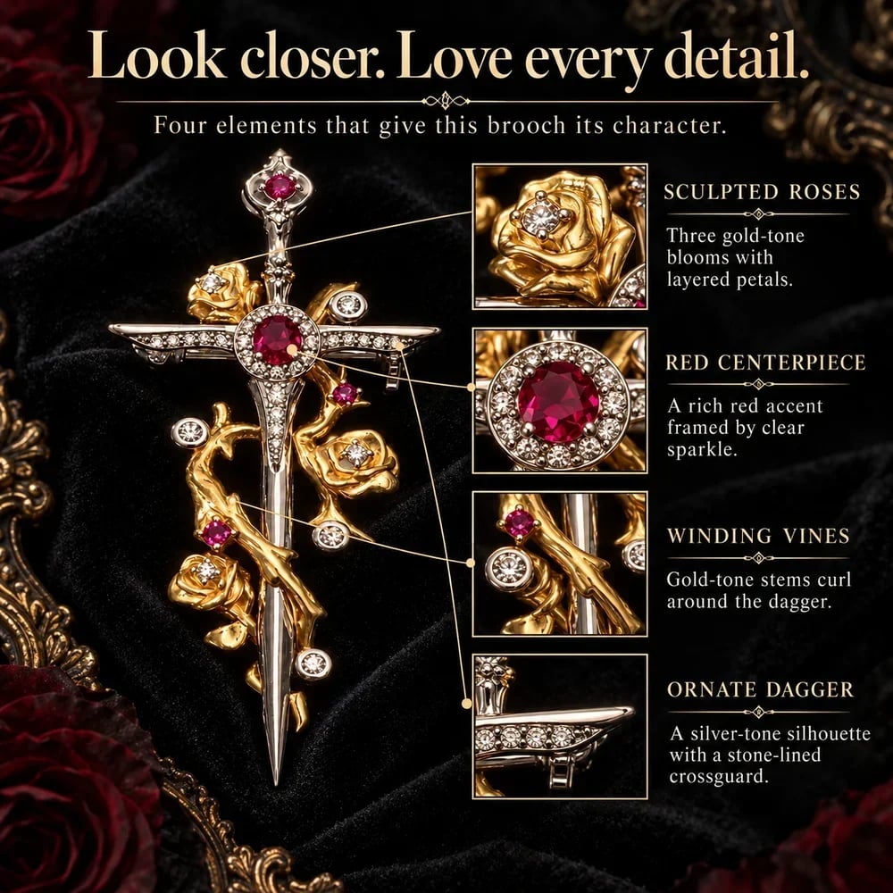 Close-up design guide showing sculpted roses, red centerpiece, winding vines and ornate dagger