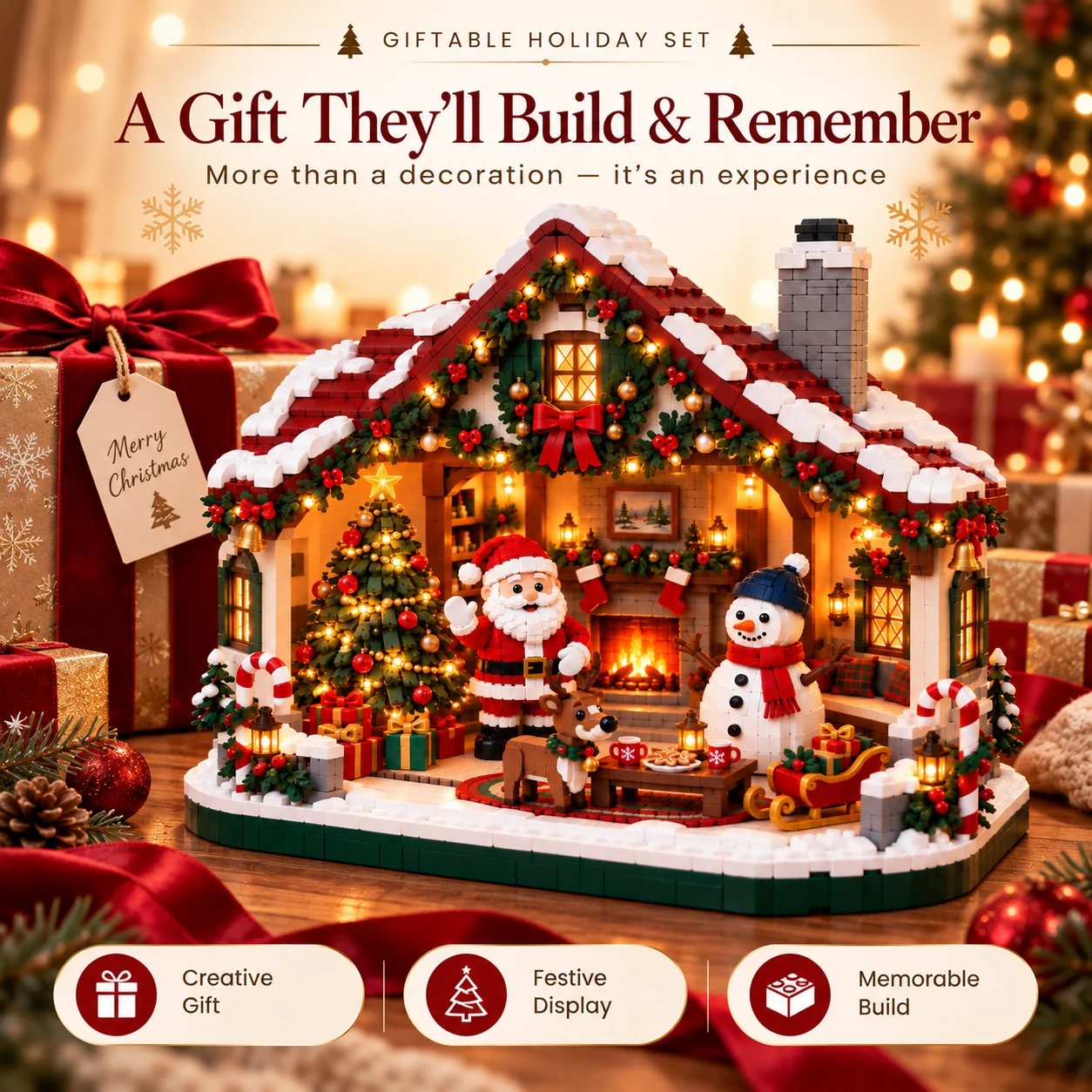 50% OFF | 🏡 Warm Holiday Cabin Brick Kit – Assemble as a Family, Craft Keepsakes & Showcase with Joy 🎄