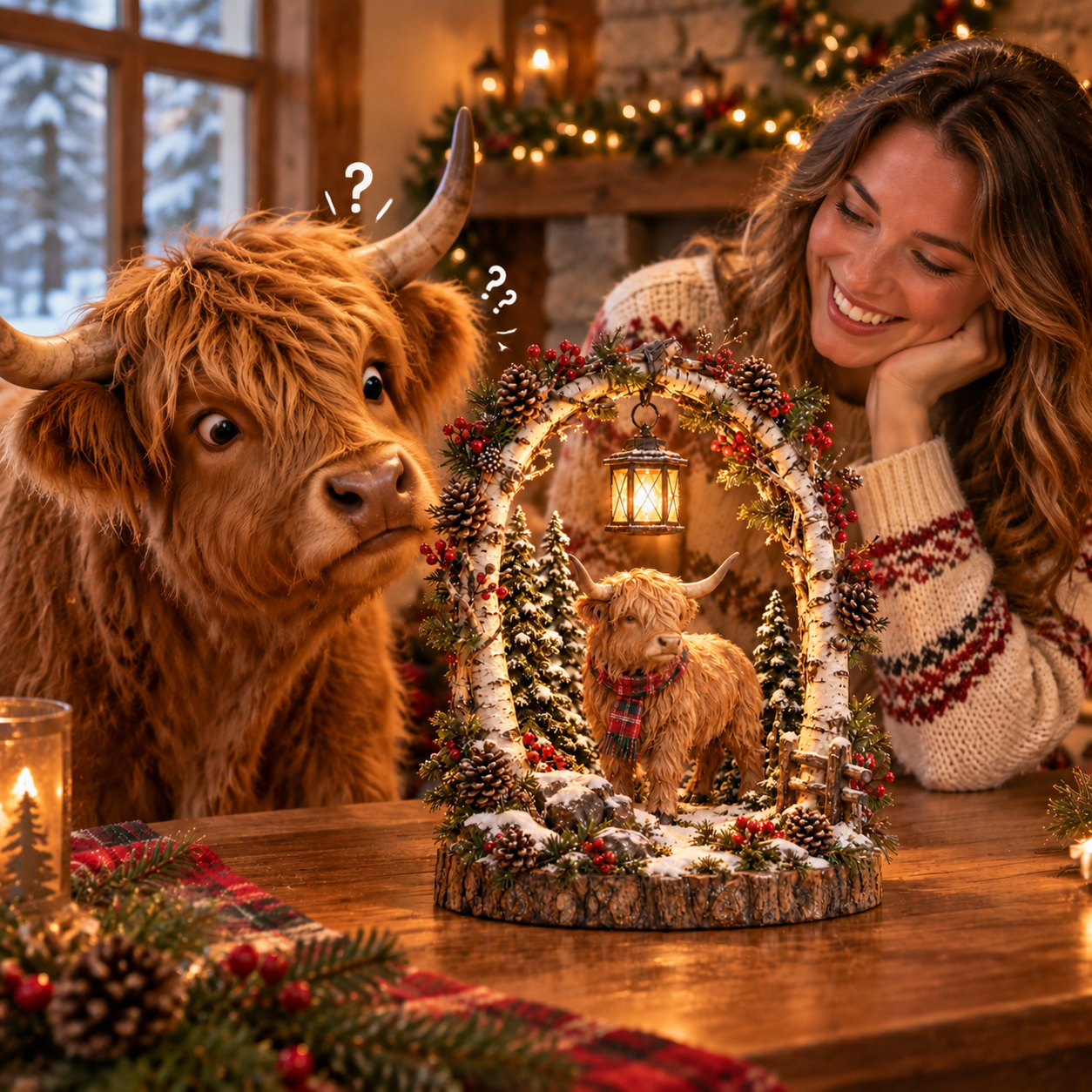50% OFF |  Highland Cow Christmas Woodland Lantern Decor – Rustic Lighted Farmhouse Winter Tabletop Decoration 🎄