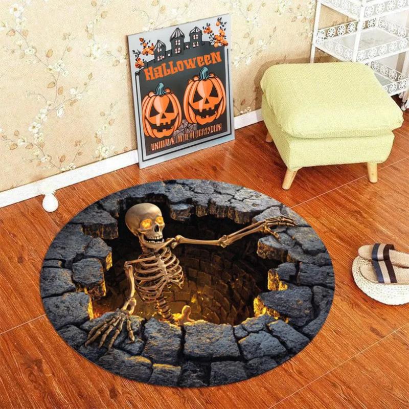 [PAUSEBOLL] Printed Faux Skeleton Round Rug - Halloween Glam Modern Anti-Slip Crocheted Mat, Indoor Halloween Decorations for Haunted House Party