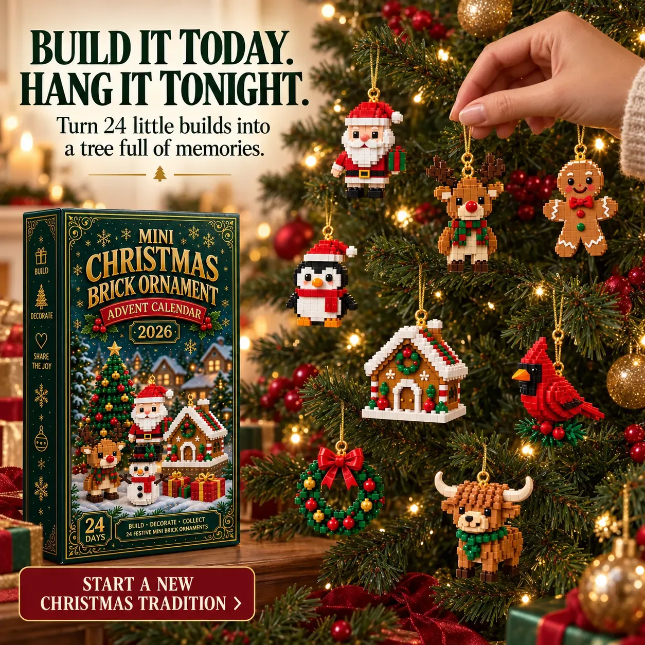 50% OFF | 🧱🎄 Build & Hang Christmas Countdown – 24 Mini Holiday Brick Ornaments ✨