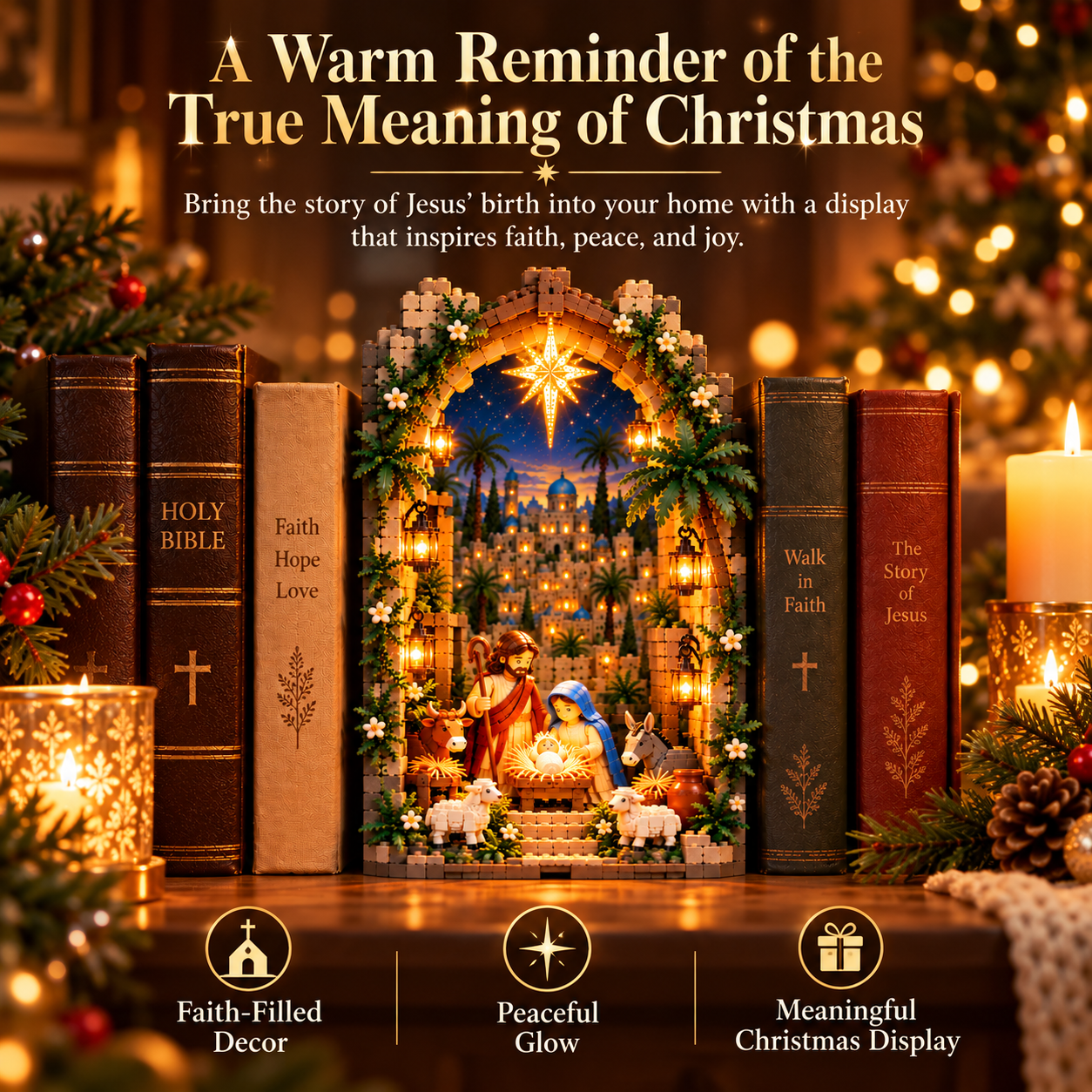 50% OFF | 📖✨ Lighted Bethlehem Nativity Book Nook – Christmas Building Block Display of Faith 🎄
