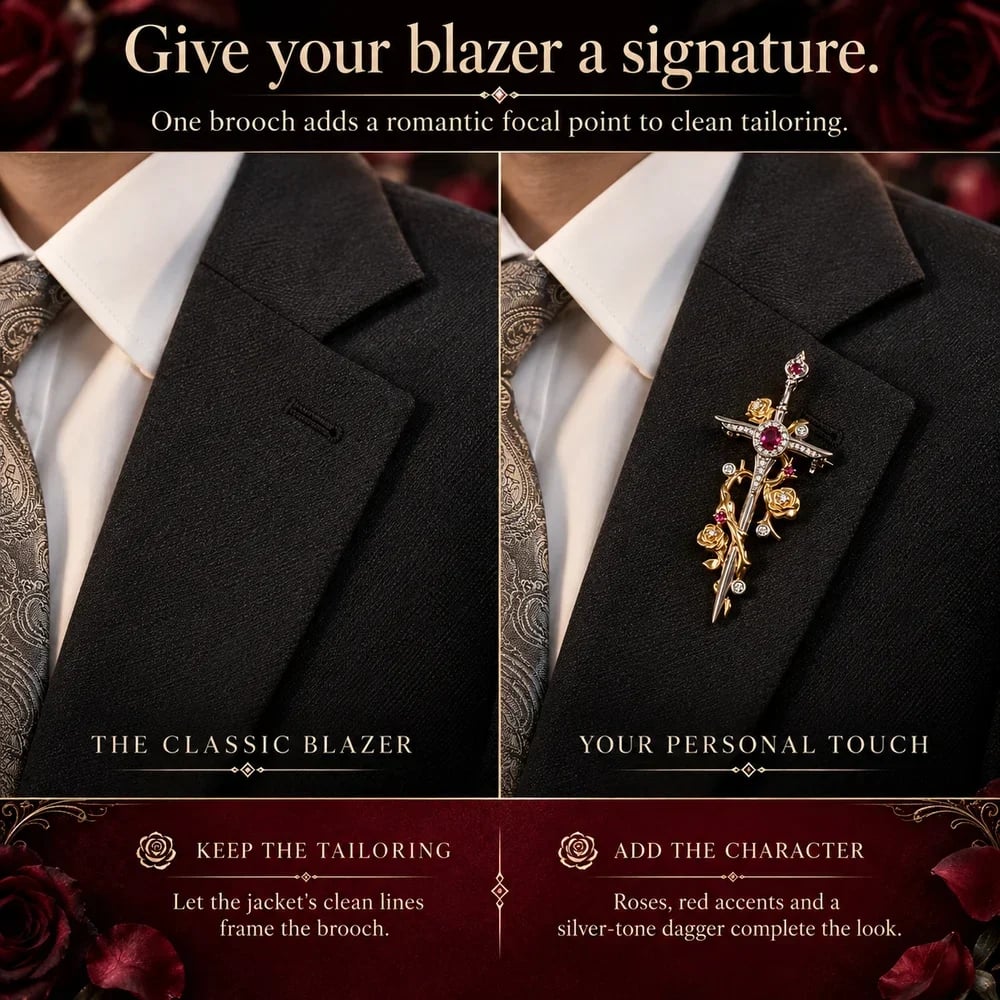 A classic dark blazer shown without and with the Rose and Dagger Brooch