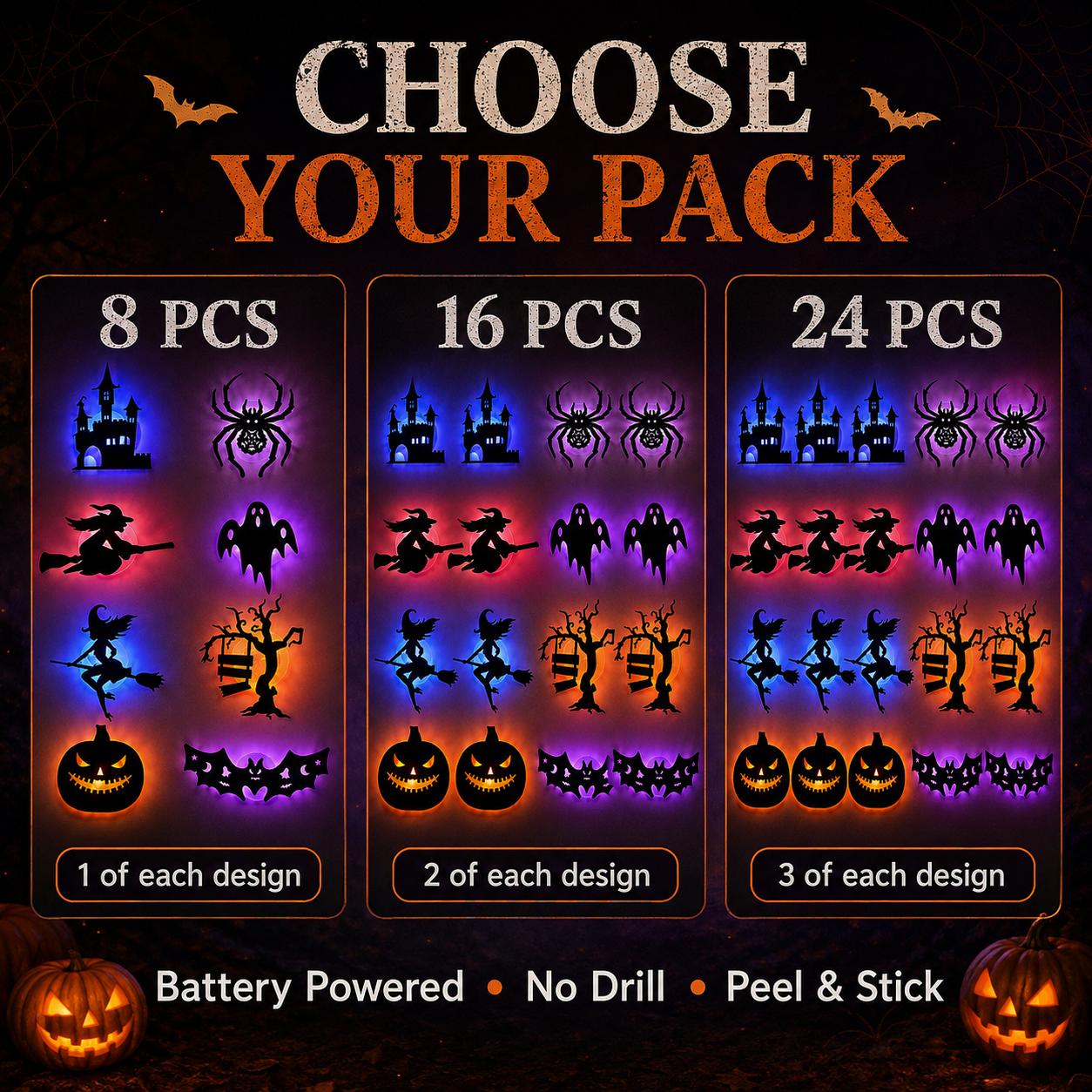 Halloween LED Silhouette Wall Light Stickers, Battery Powered Peel & Stick Decor Lights, No Drill PET Waterproof Wall Decor, Spooky Ghost Pumpkin Witch Bat Castle Spider Tree Ornaments for Home Window Door Party, 9/18/27 Pack Available
