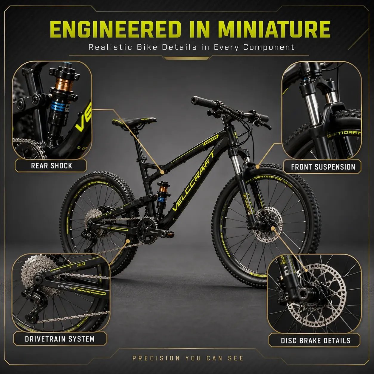DIY miniature mountain bike model shown as an assembled collectible display