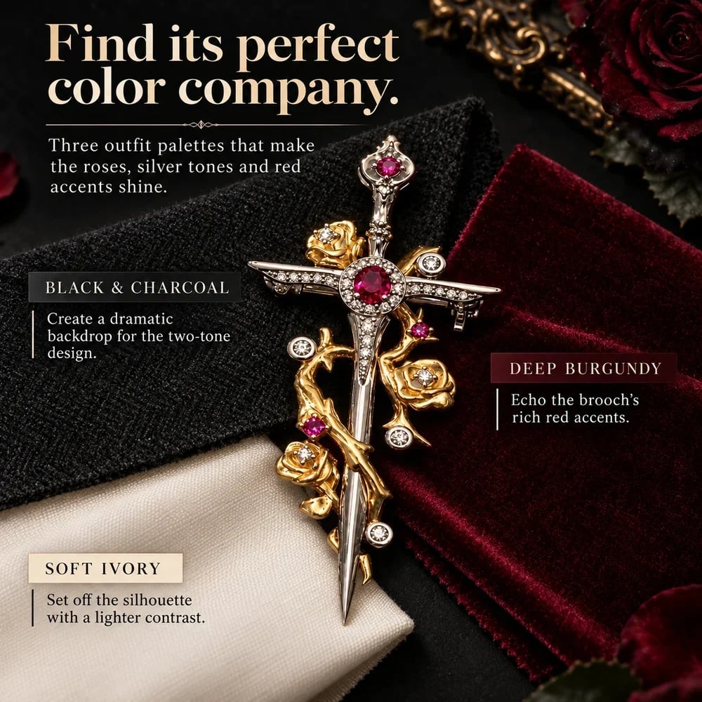 Color pairing guide with black and charcoal, deep burgundy and soft ivory fabrics