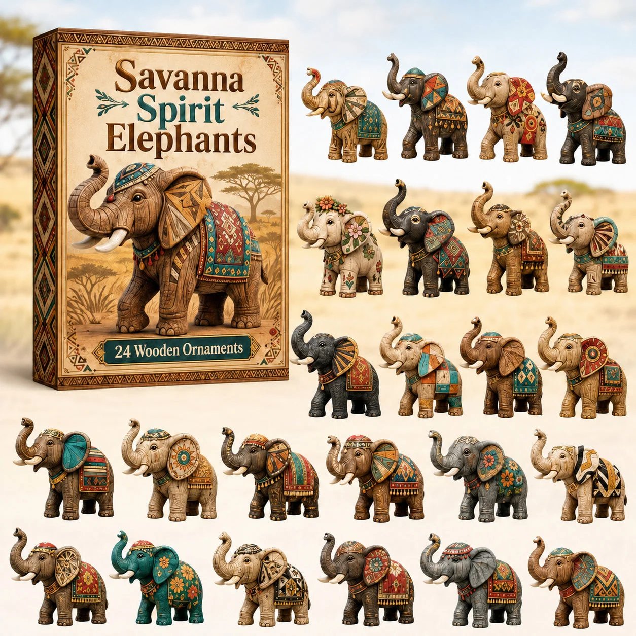Savanna Spirit Elephants Advent Calendar 2026 - 24-Day Festive Christmas Countdown, Wooden Charms Blind Box - Gift For Elephant Lovers