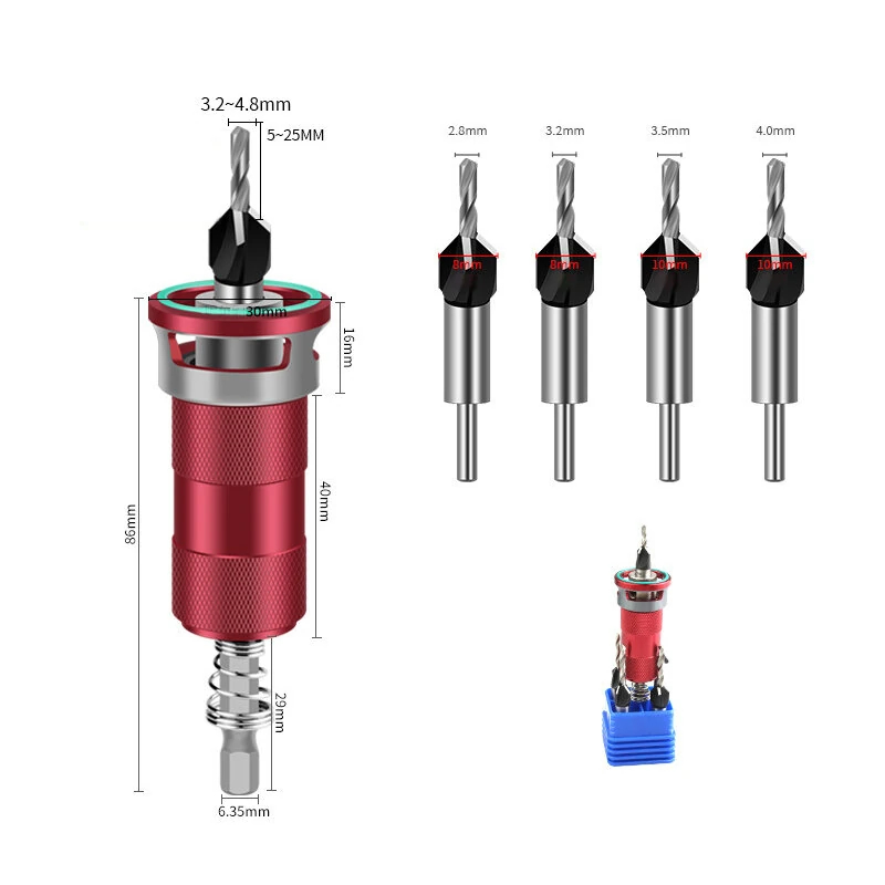 Adjustable Countersink Drill Bit Set with Depth Stop, 4-Flute Carbide Tips for Wood, Metal & Plastic, Auto Quick Change
