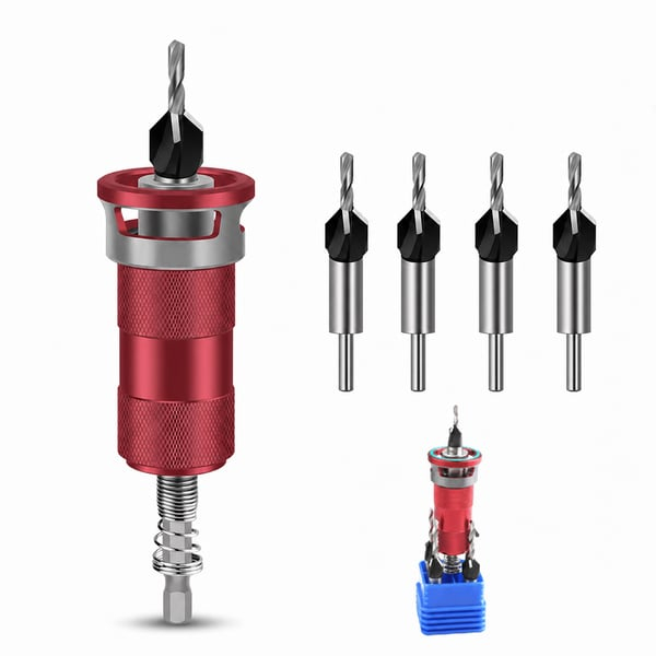 Adjustable Countersink Drill Bit Set with Depth Stop, 4-Flute Carbide Tips for Wood, Metal & Plastic, Auto Quick Change