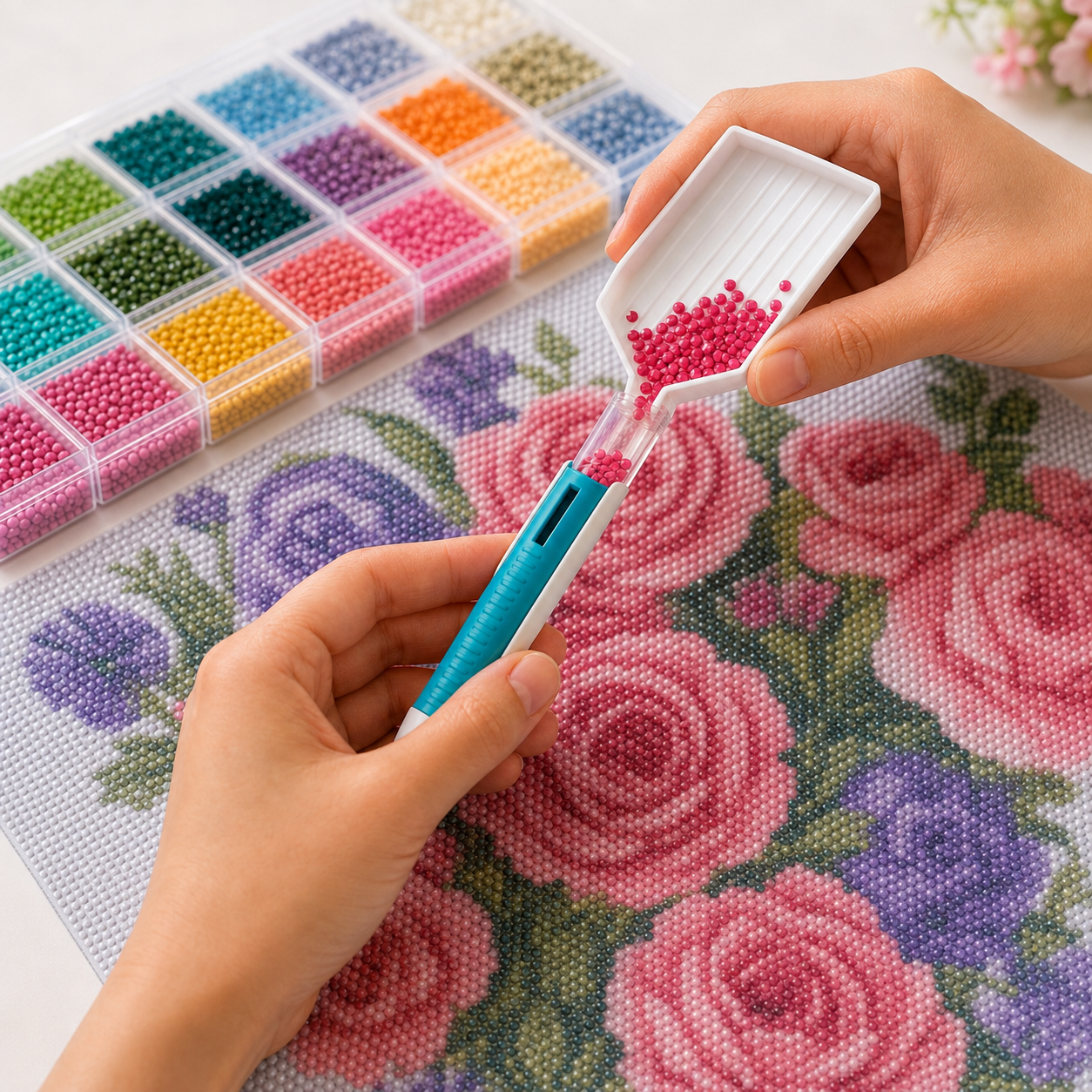 💎 Automatic Diamond Painting Bead Dispenser Pen & Tray Set