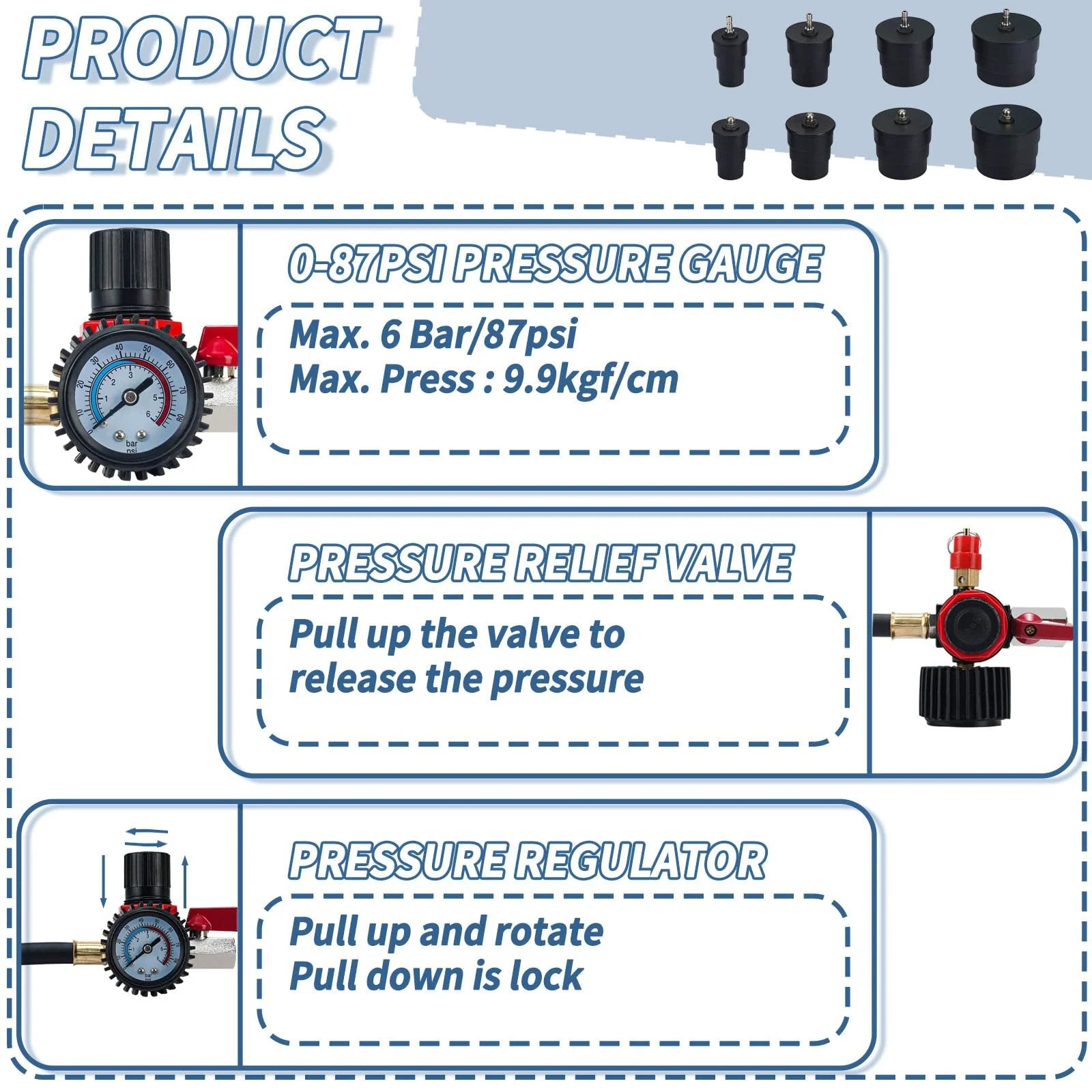 Turbo System Leak Tester Kit With Pressure Gauge And Four Pairs Of Stepped Adapters From One And Three Eighths Inch To Three And A Half Inch For Turbocharger Boost Leak Detection On Cars And Light Trucks
