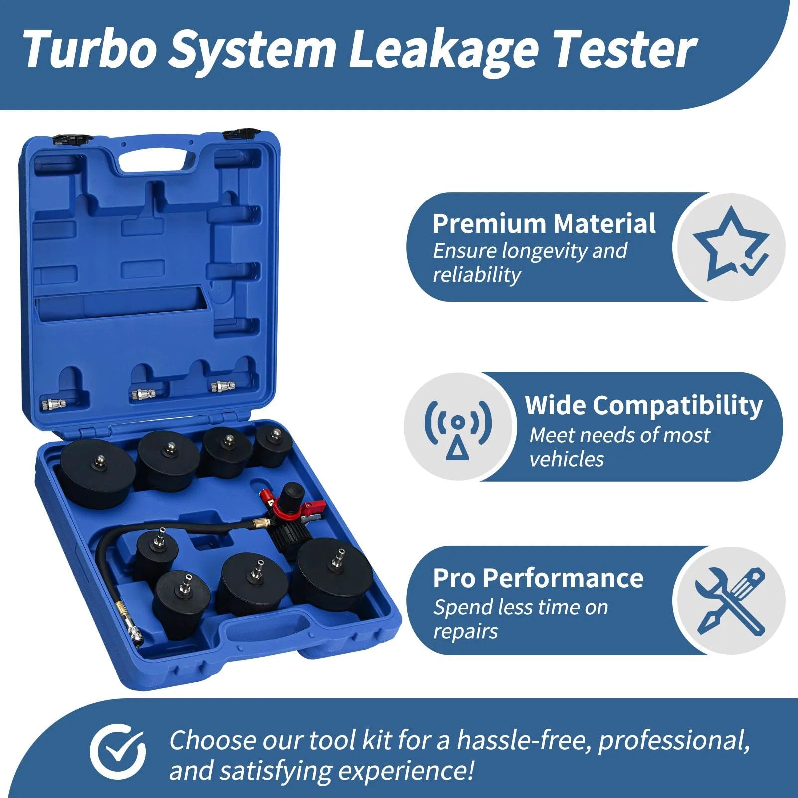 Turbo System Leak Tester Kit With Pressure Gauge And Four Pairs Of Stepped Adapters From One And Three Eighths Inch To Three And A Half Inch For Turbocharger Boost Leak Detection On Cars And Light Trucks
