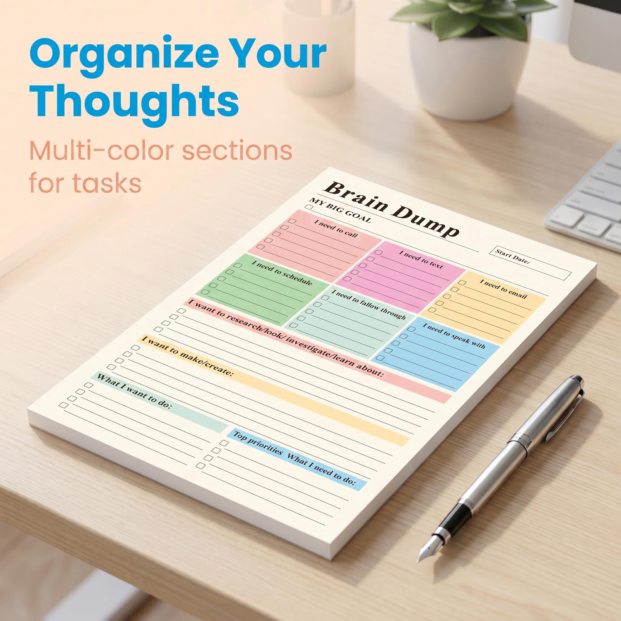 ADHD Brain Dump Planner Notepad, 50 Tear-Off Sheets 8.5 x 6.5", Multi-Section Daily Organizer for Work & Personal To-Do Lists, Priorities & Schedules, Focus Workbook Perfect Holiday Gift
