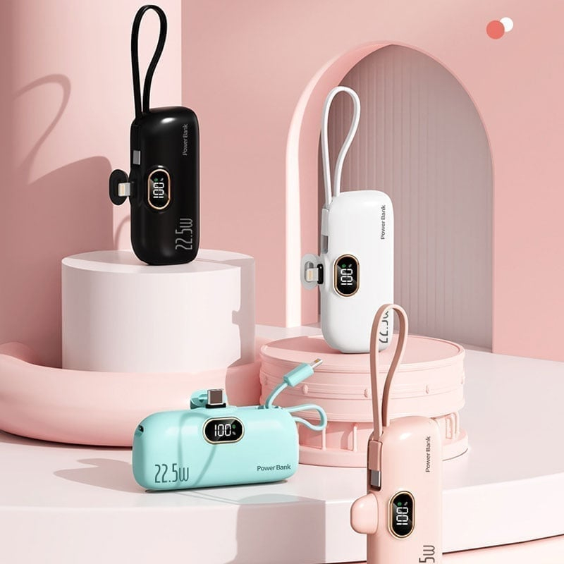 Mini Portable Power Bank Charger with Built-in USB Cable, Ultra Compact External Phone Battery Pack