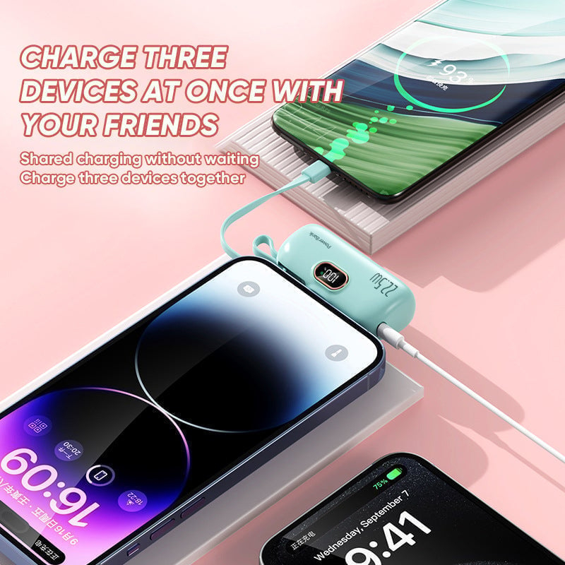 Mini Portable Power Bank Charger with Built-in USB Cable, Ultra Compact External Phone Battery Pack