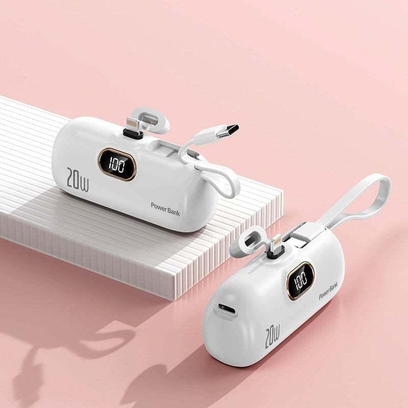 Mini Portable Power Bank Charger with Built-in USB Cable, Ultra Compact External Phone Battery Pack