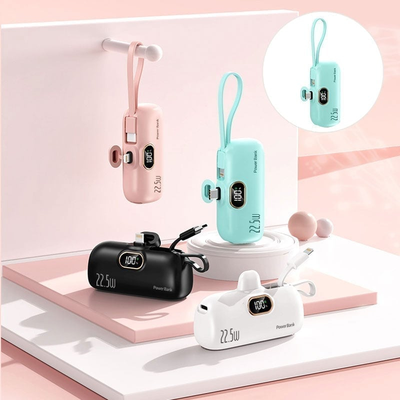 Mini Portable Power Bank Charger with Built-in USB Cable, Ultra Compact External Phone Battery Pack