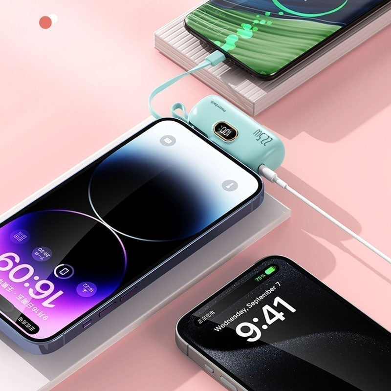 Mini Portable Power Bank Charger with Built-in USB Cable, Ultra Compact External Phone Battery Pack