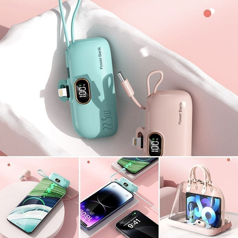 Mini Portable Power Bank Charger with Built-in USB Cable, Ultra Compact External Phone Battery Pack