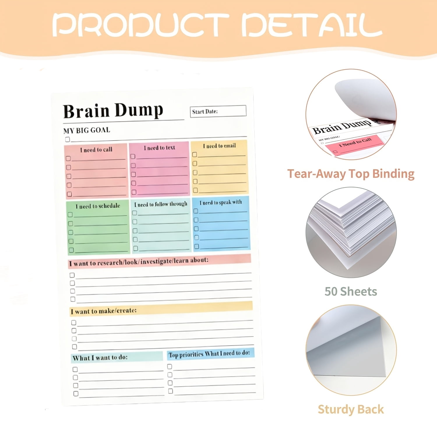 ADHD Brain Dump Planner Notepad, 50 Tear-Off Sheets 8.5 x 6.5", Multi-Section Daily Organizer for Work & Personal To-Do Lists, Priorities & Schedules, Focus Workbook Perfect Holiday Gift