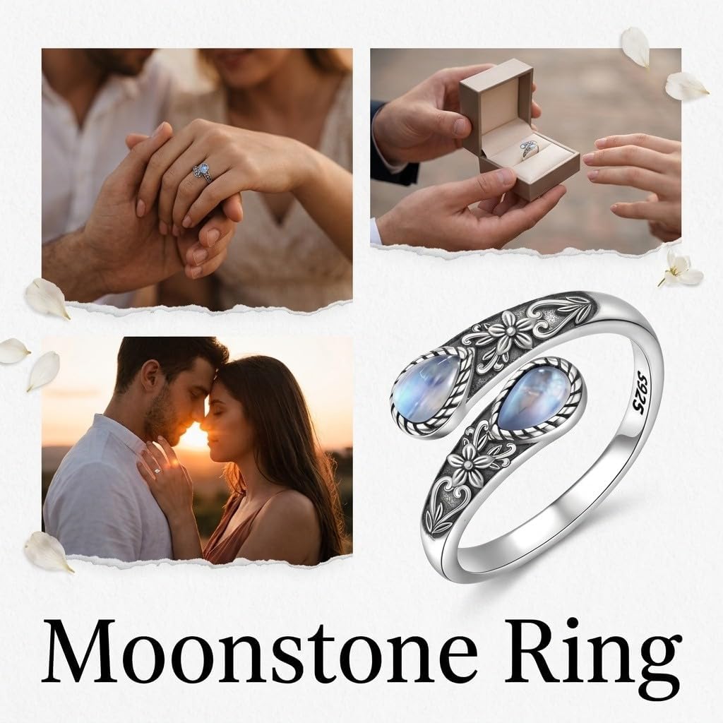 Women's Sterling Silver Moonstone Flower Ring, Adjustable Vintage Spoon Ring Jewelry, Gifts for Mom, Wife, Sister, Her