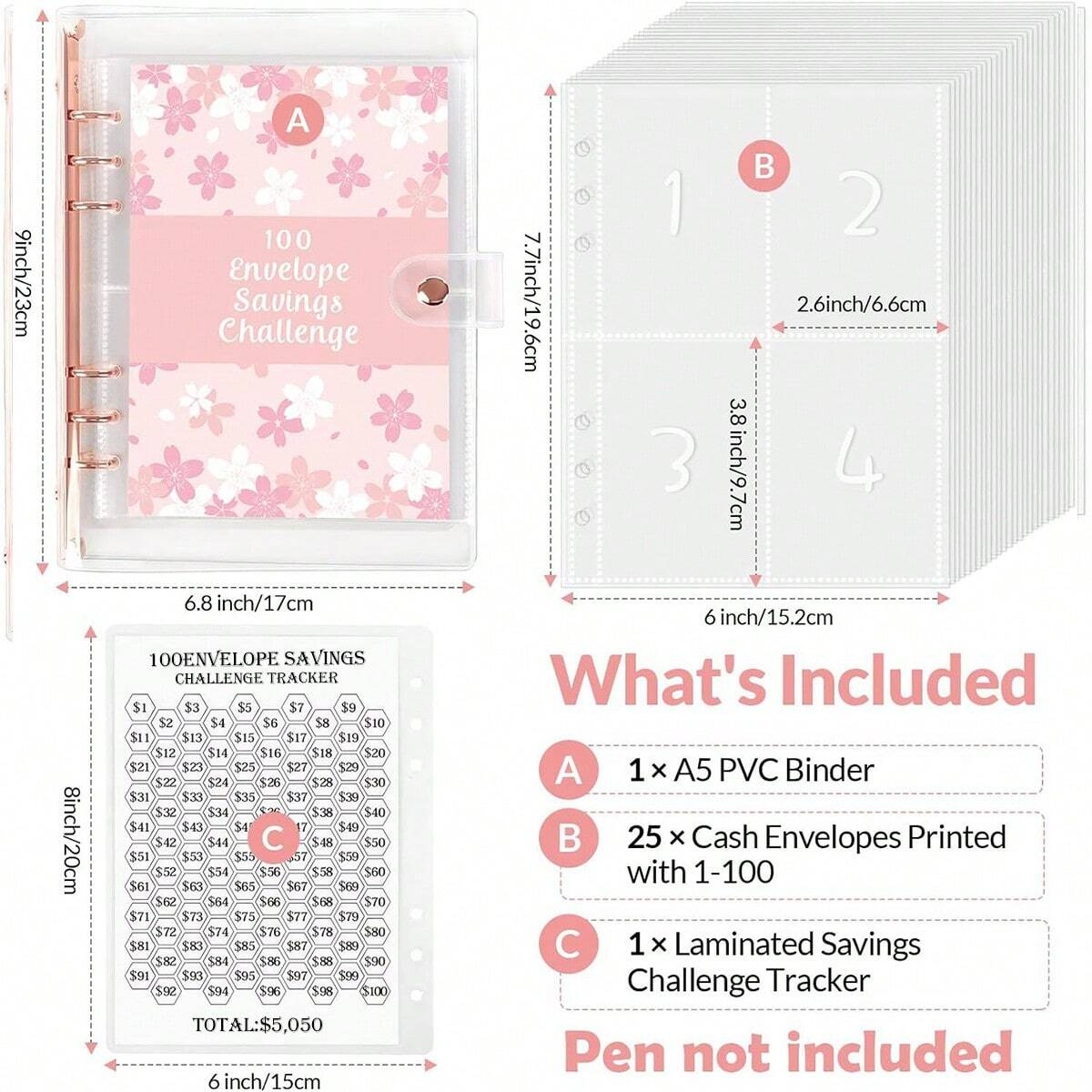 1 Book 100 Days Money Saving Challenge Book With Loose-Leaf Binder Pink Cover