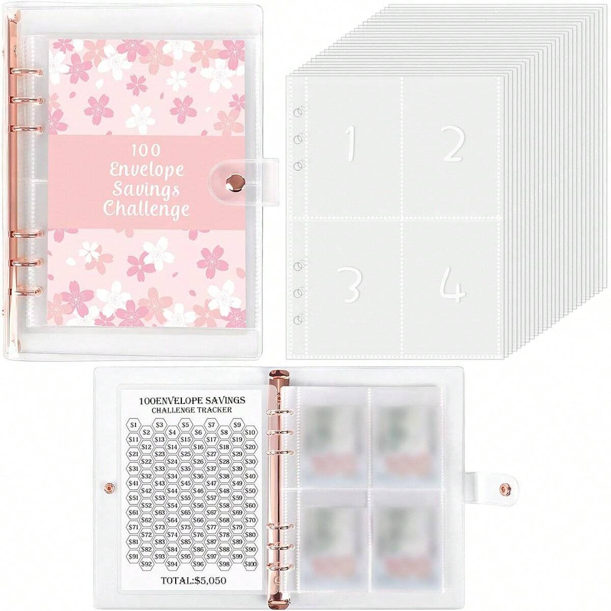 1 Book 100 Days Money Saving Challenge Book With Loose-Leaf Binder Pink Cover