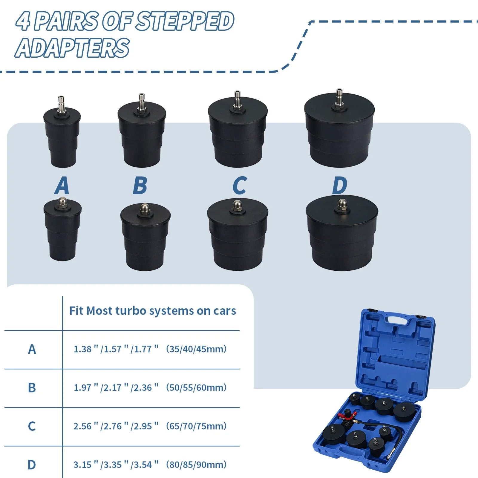 Turbo System Leak Tester Kit With Pressure Gauge And Four Pairs Of Stepped Adapters From One And Three Eighths Inch To Three And A Half Inch For Turbocharger Boost Leak Detection On Cars And Light Trucks
