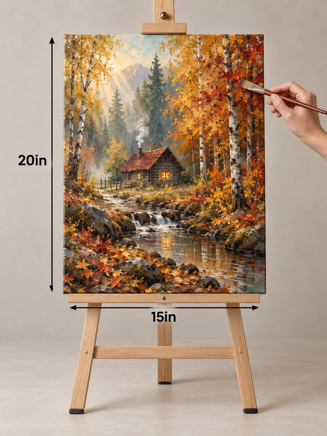 Autumn Cabin by the Stream – Textured Woodland Canvas Art