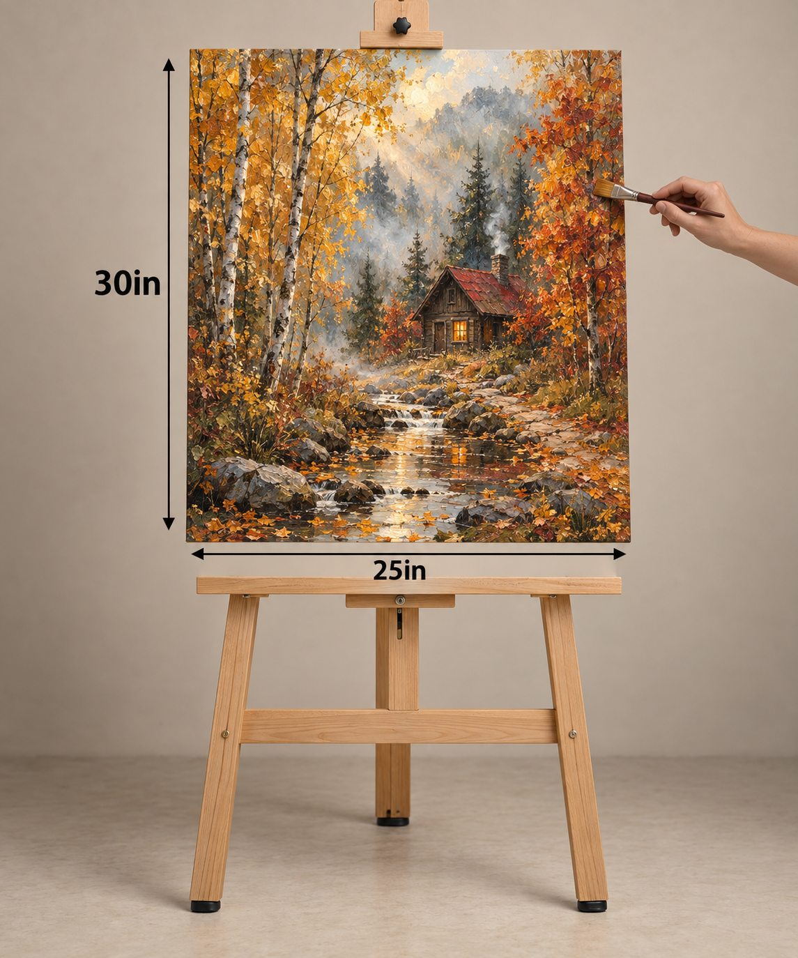 Autumn Cabin by the Stream – Textured Woodland Canvas Art