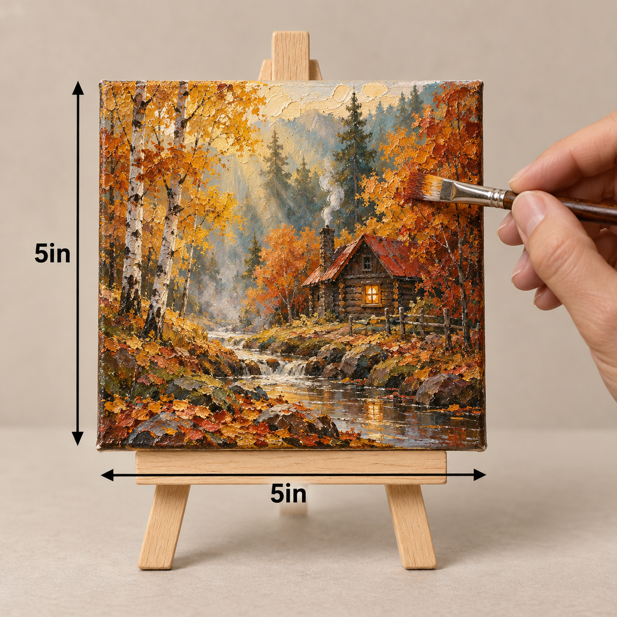 Autumn Cabin by the Stream – Textured Woodland Canvas Art