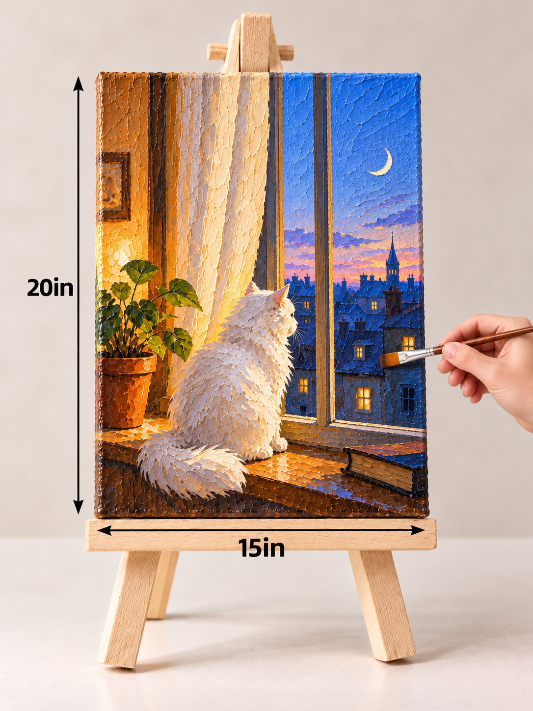 White Cat at the Twilight Window – Cozy Textured Canvas Art