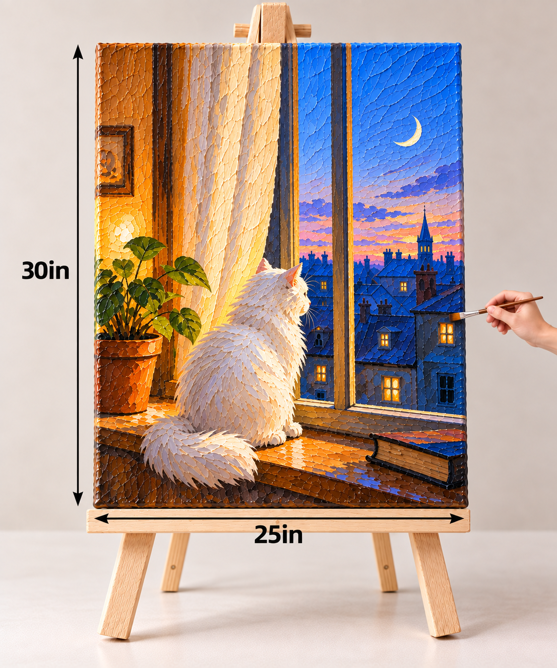 White Cat at the Twilight Window – Cozy Textured Canvas Art
