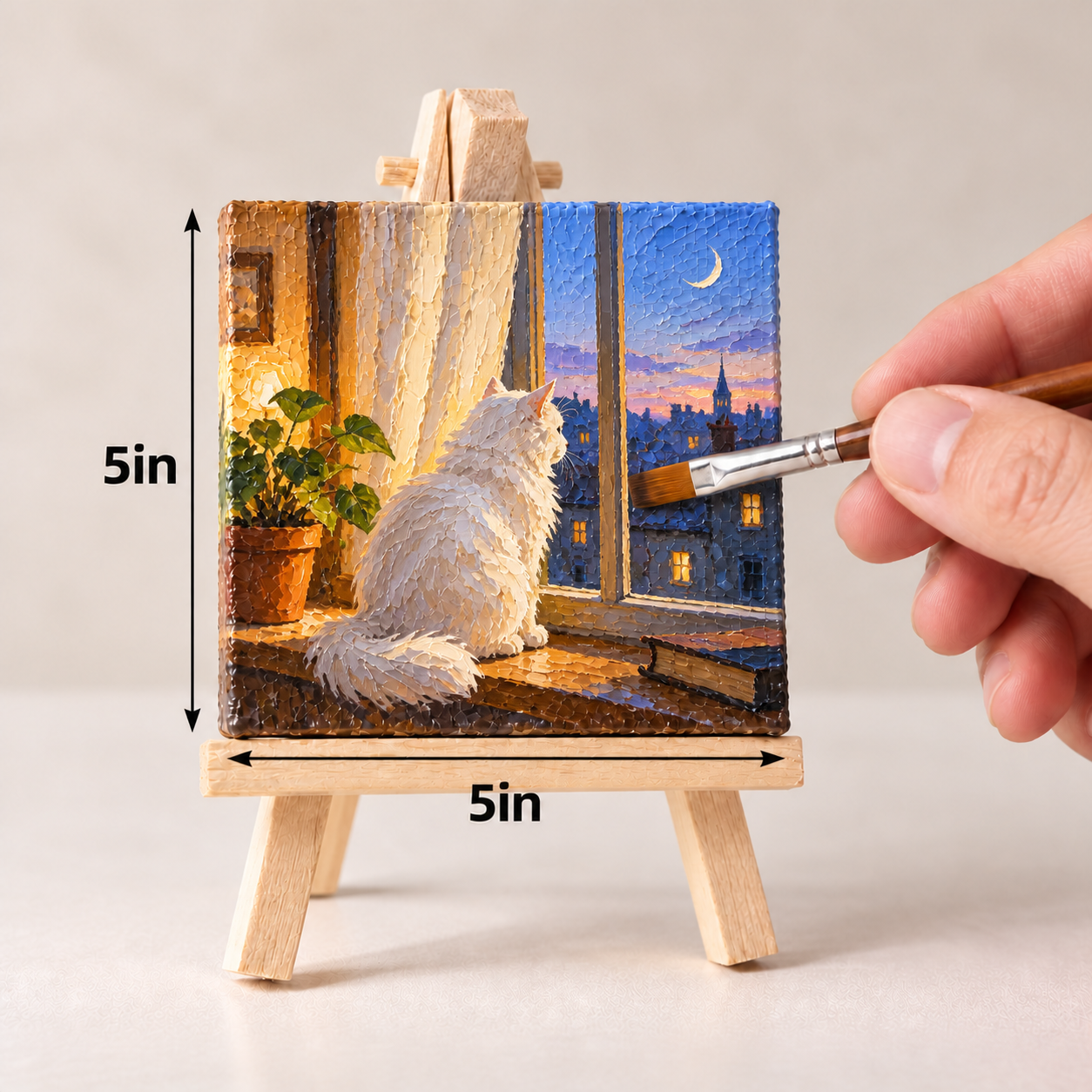 White Cat at the Twilight Window – Cozy Textured Canvas Art
