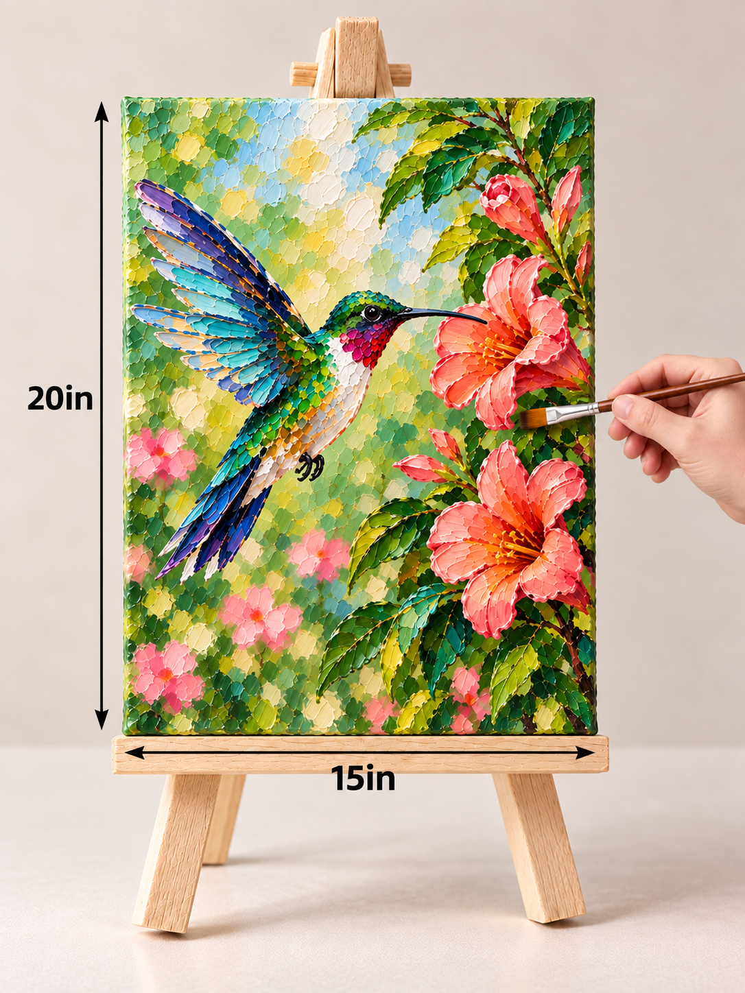 Hummingbird Among Coral Blooms – Vibrant Botanical Canvas Art