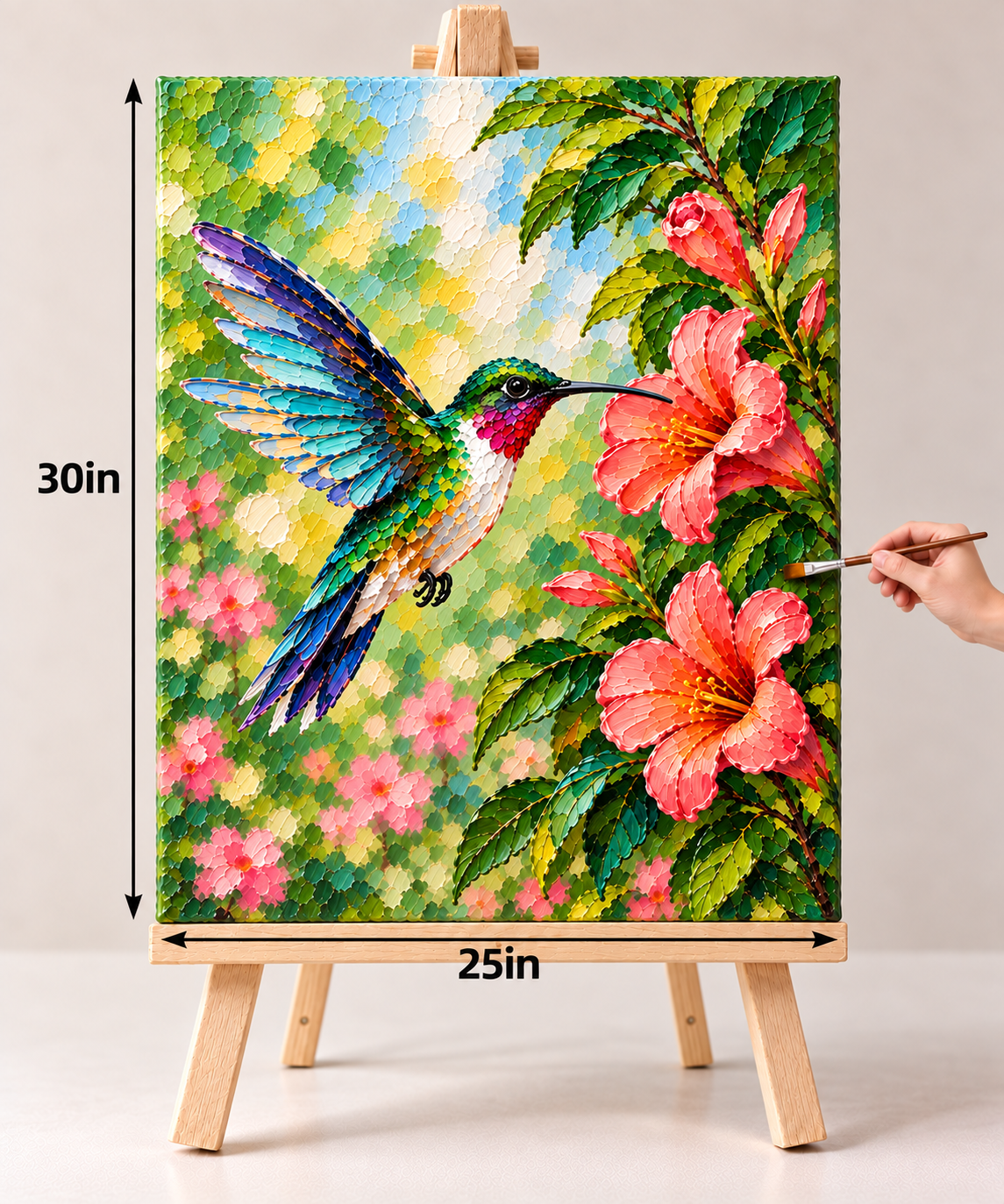 Hummingbird Among Coral Blooms – Vibrant Botanical Canvas Art