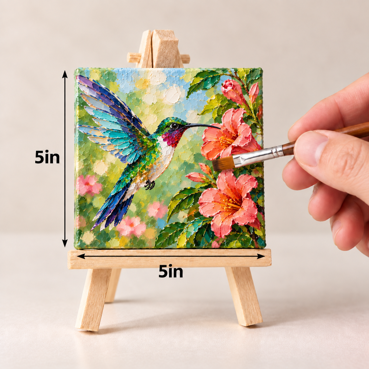 Hummingbird Among Coral Blooms – Vibrant Botanical Canvas Art